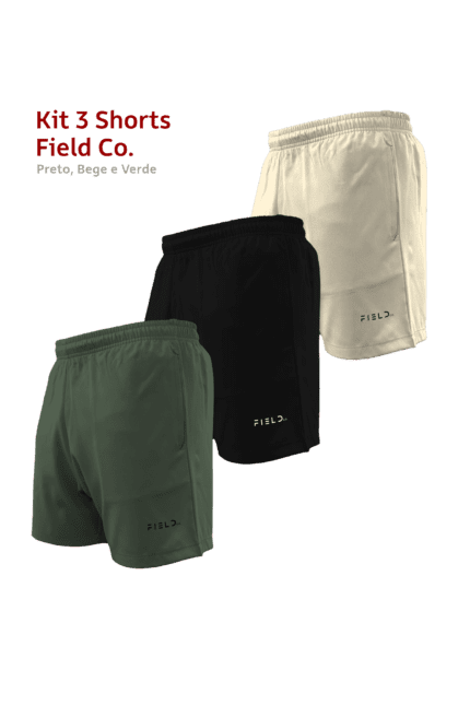 Kit 3 Shorts Field Co. – Preto, Bege e Verde